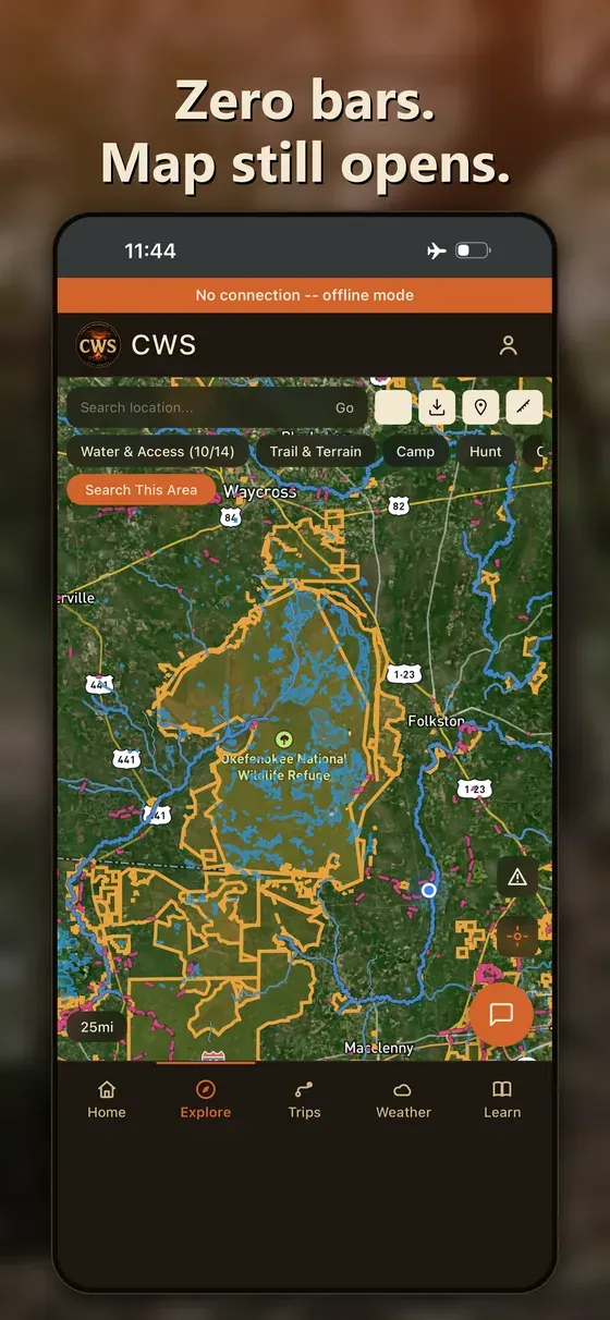 Zero bars. Map still opens.