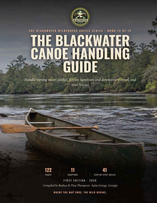 Cover of the Blackwater Canoe Handling Guide showing an aluminum canoe and wooden paddle at the edge of a blackwater river with current