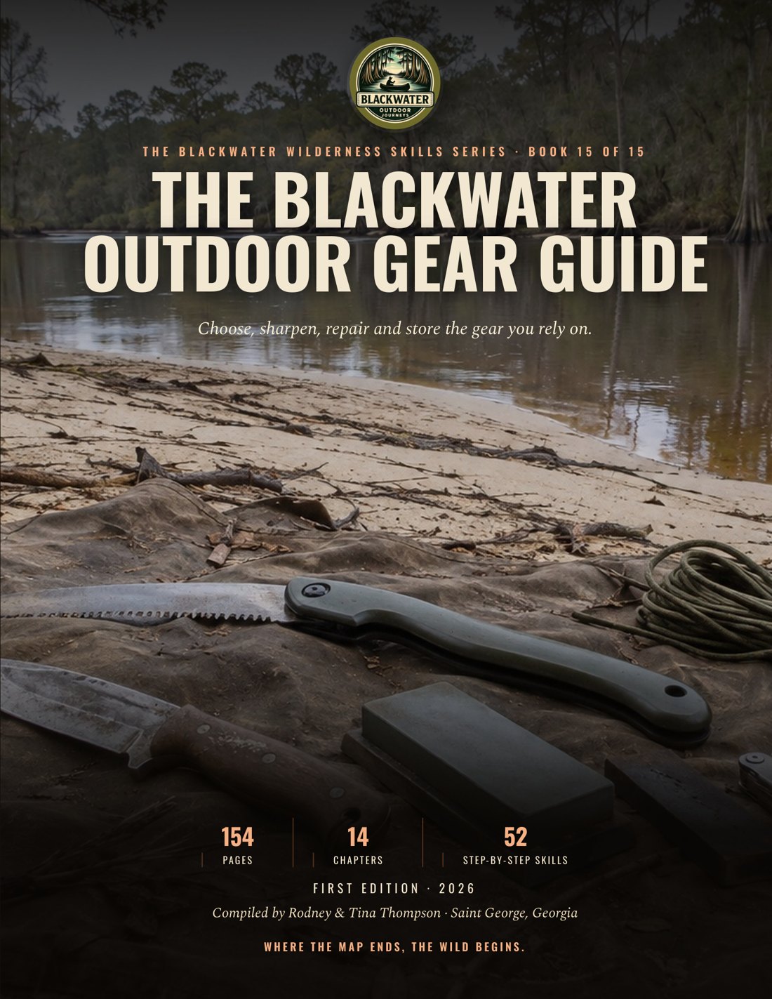 Cover of the Blackwater Outdoor Gear Guide showing a camp knife, folding saw, sharpening stone and coiled cord laid on a canvas tarp beside a blackwater river